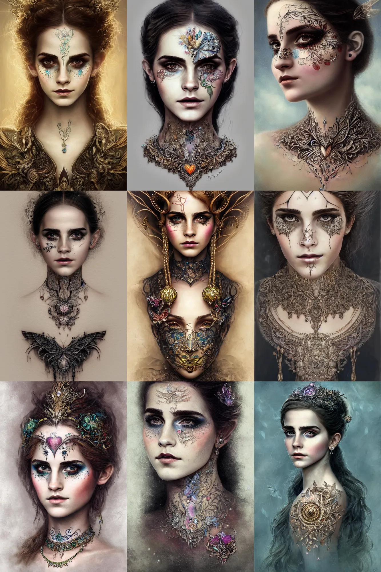 Prompt: portrait of fairy, symmetric, facepaint facepaint facepaint, intricate jewelry, oversized neck pendant, trending on artstation 4 k, high quality, in the style of karol bak and tom bagshaw, bust with face of emma watson, tattoos