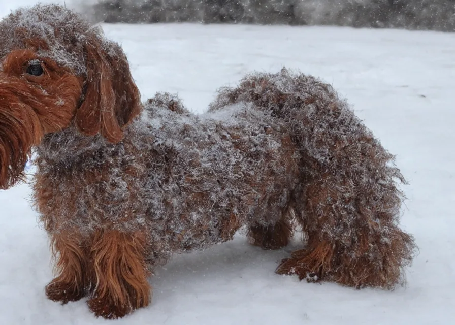 Image similar to Giant prehistoric woolly dachshund, in the middle of a snow storm