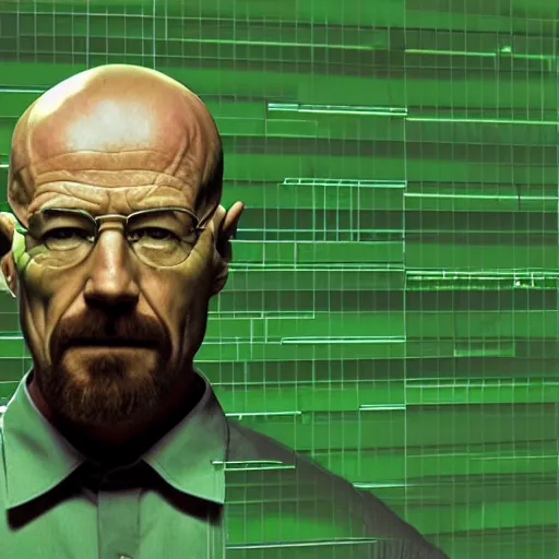 Image similar to walls of green text, lines of green code, walter white as neo from The Matrix (1999), background is green lines of text, CGSociety