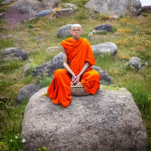 Image similar to slightly rusty robot monk in orange robes meditating in front of a worn stone shrine on a hilltop with wildflowers