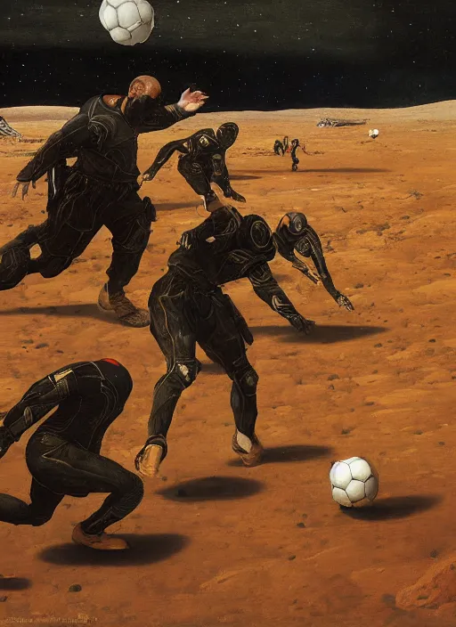 Image similar to a soccer match on mars by edgar maxence and caravaggio and michael whelan and delacroix style, artistic, intricate painting, cinematic lighting, hyper realistic, extremely detailed, establishing shot, 8 k resolution, dramatic lighting