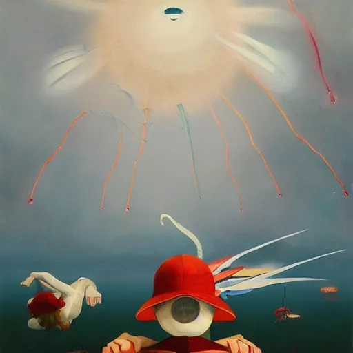 Image similar to Giant creatures of the deep fly through the air, as a tornado approaches, by Takashi Murakami, Edward Hopper, Bo Bartlett, and Cynthia Sheppard, Artstation