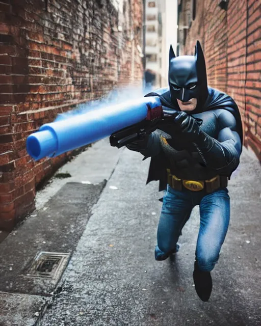 Image similar to happy batman firing super soaker water gun at playful criminals in an alleyway, product advertisement, photogenic photograph