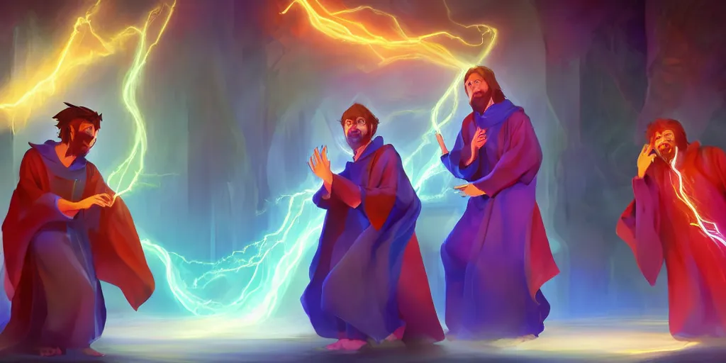 Prompt: two brother mages in robes, they are in a workshop in front of a desk working on a new spell that is casting out flowing energy. colorful, flowing energy, light rays, medium shot, waist up, sharp, concept art, highly detailed, bloom, dramatic lighting, cinematic, by dreamworks