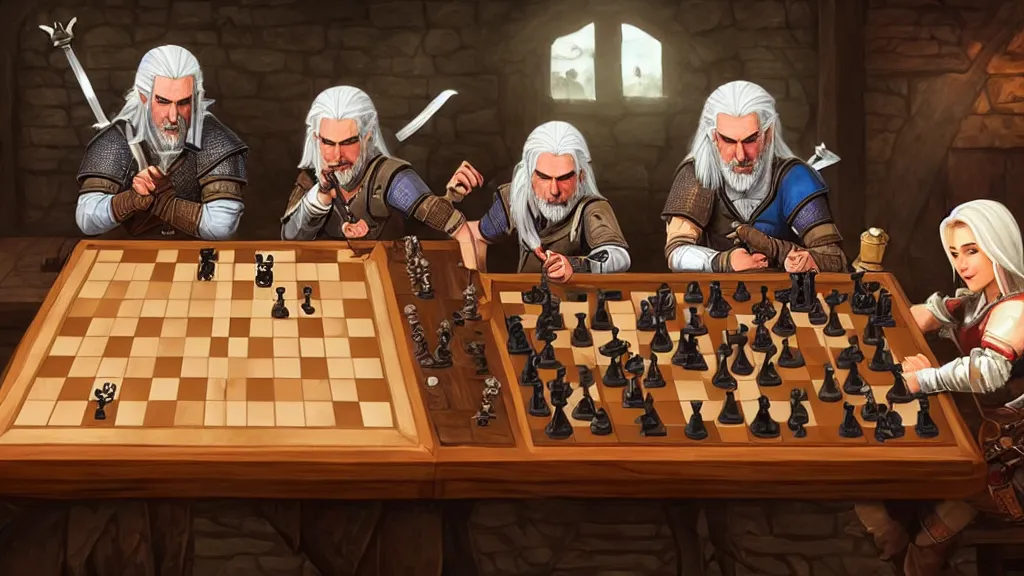 Image similar to Geralt of Rivia and Ciri playing chess in a tavern. geralt de rivia and ciri play at a table in the middle of the tavern, pixel art by Gerardo Quiroz, devian art, 4k