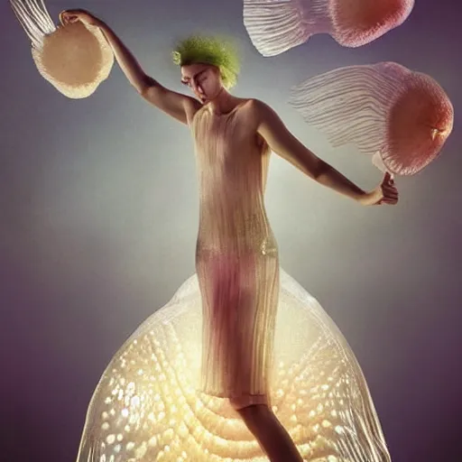 Image similar to a luminous jelly fish armor. soft. fragile. by ray caesar. by louise dahl - wolfe. by andrea kowch. surreal photography