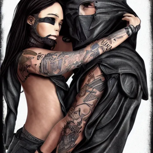 Image similar to Hot young woman, grey skin, tattoos, wearing leather and **platonically cuddling** a humanoid in a shroud and mask concept art