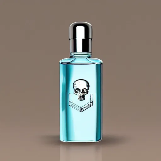 Image similar to crystal skull cologne bottle, clear liquid, with silver runes on it, photorealistic, product photography, 3D