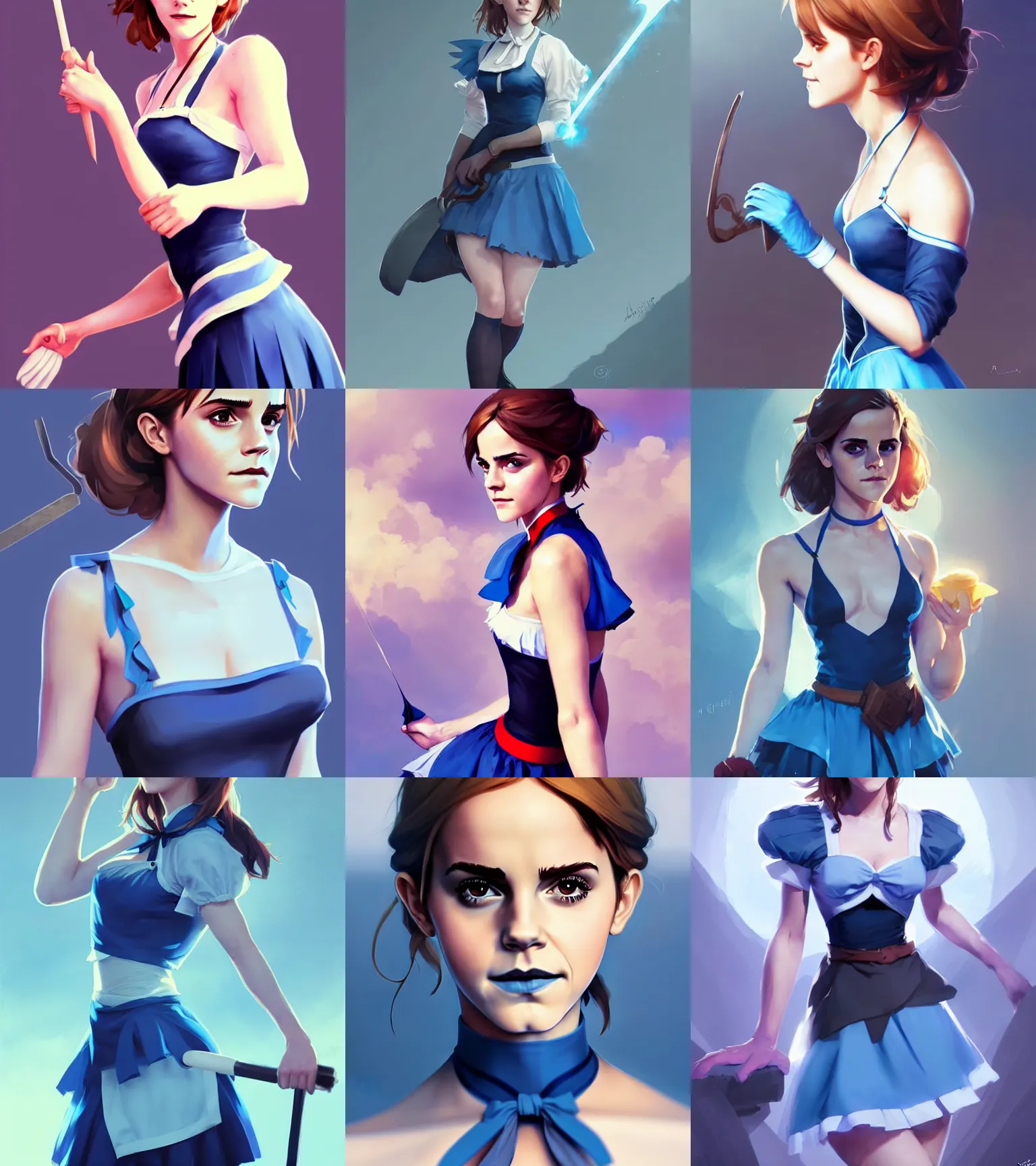 Prompt: attractive Emma Watson in blue maid cosplay outfit, hourglass slim figure, full body shot close up, seductive smile, details, sharp focus, illustration, by Jordan Grimmer and greg rutkowski, Trending artstation, pixiv, digital Art