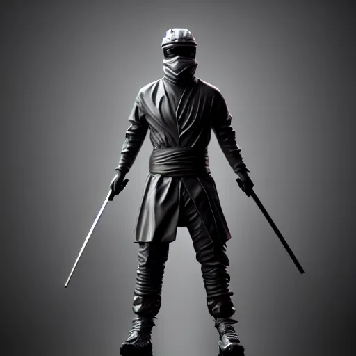 Image similar to 3 d octane rendering, chrome statue of ninja wearing full face mask and hunter hat, vfx art, smooth, pinterest, unreal engine, behance, technological, octane render, all chrome