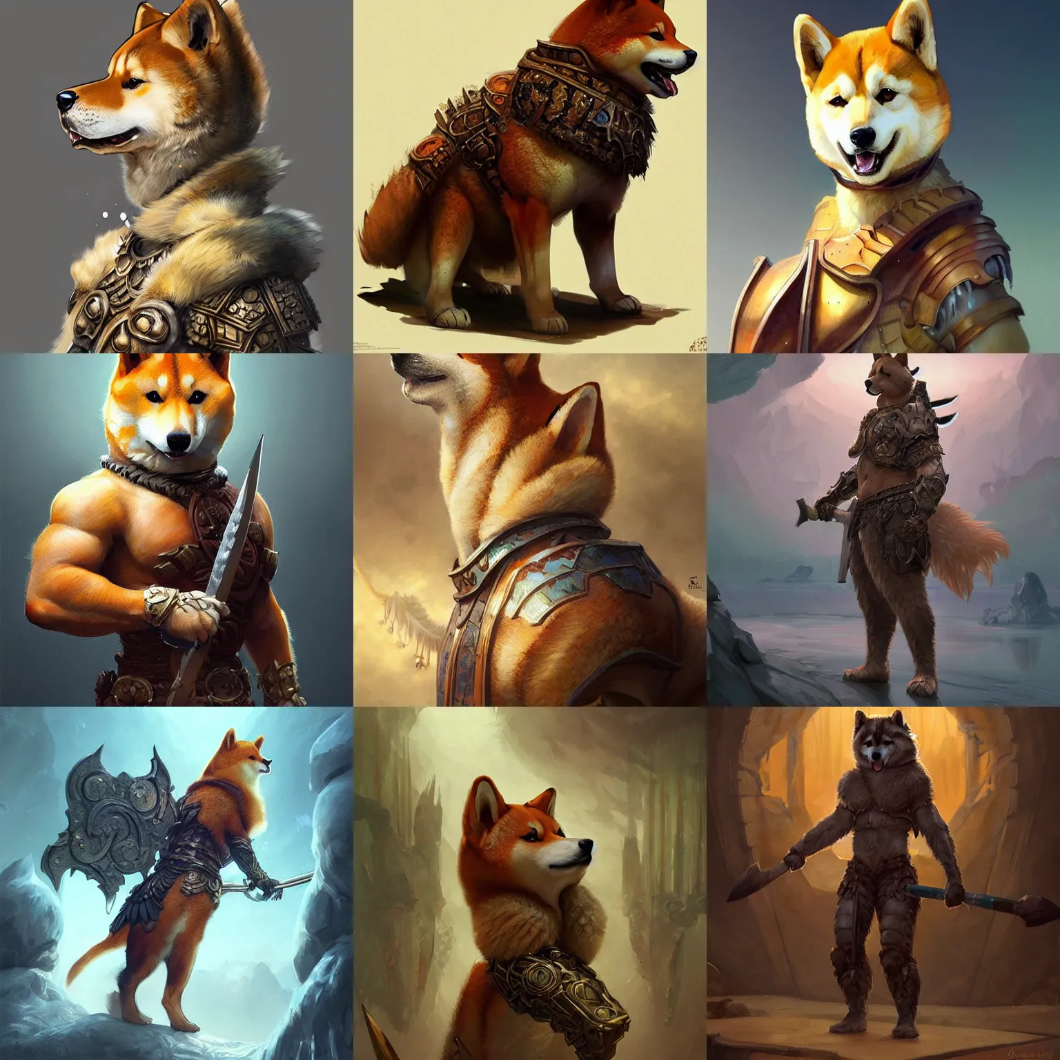 Prompt: oversized barbarian furry shiba inu human muscular armored upper body , 👅 👅 , D&D, fantasy, intricate, elegant, highly detailed, digital painting, artstation, concept art, smooth, sharp focus, illustration, art by artgerm and beeple and greg rutkowski and alphonse mucha