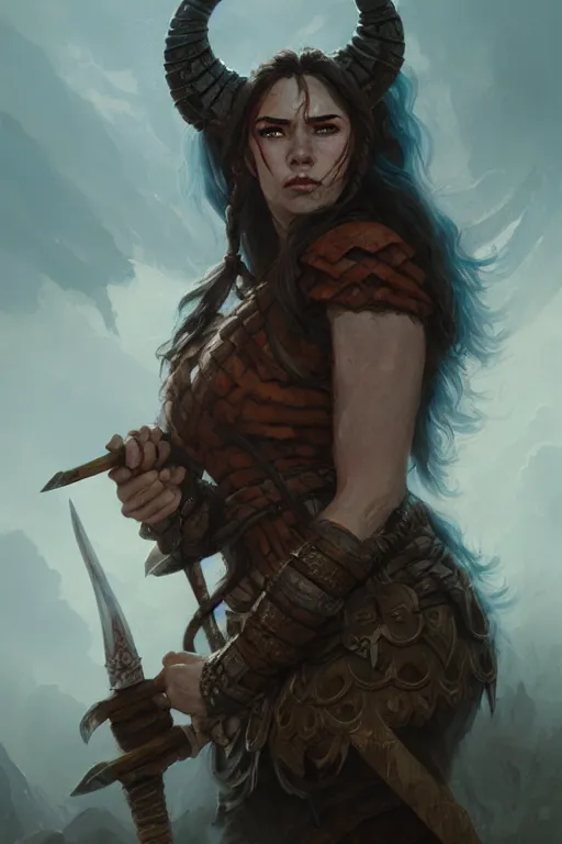 Image similar to head and shoulders portrait of a barbarian, female, high fantasy, dnd, nuri iyem, james gurney, james jean, greg rutkowski, anato finnstark