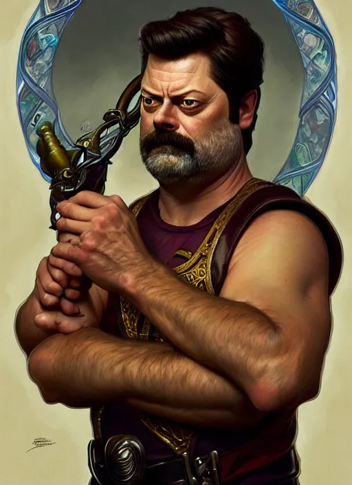 Image similar to portrait of nick offerman as a squid man, d & d, muscular, fantasy, intricate, elegant, highly detailed, digital painting, artstation, concept art, smooth, sharp focus, illustration, art by artgerm and greg rutkowski and alphonse mucha