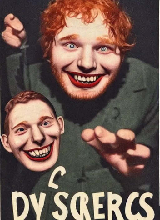 Image similar to creepy Ed Sheeran with a scary comically large smile, 1940s scare tactic propaganda art