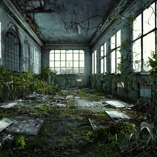 Image similar to abandoned high school overtaken by plants and nature and rot, artstation, high quality, detailed, eerie atmosphere