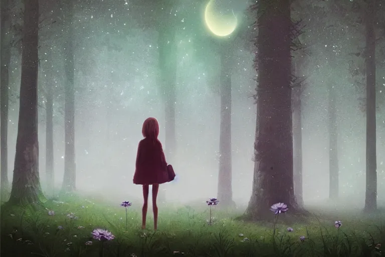 Image similar to giant daisy flower as face, girl walking in forest, surreal photography, dark night, stars, moon light, impressionist painting, clouds, digital painting, artstation, simon stalenhag