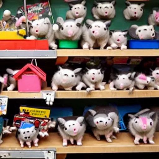 Prompt: some possum toys on the shelf of a toy shop