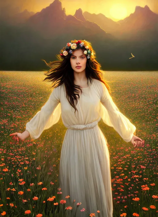 Image similar to oil painting portrait of a young woman with flowers in her long dark flowing hair in a white dress, dancing levitating floating over a field of flowers at sunset with mountains in the background, hazy, digital art, chiaroscuro, artstation, cinematic, golden hour, digital art painting by greg rutkowski, bouguereau, hazy atmosphere, flowers, cinematic lighting