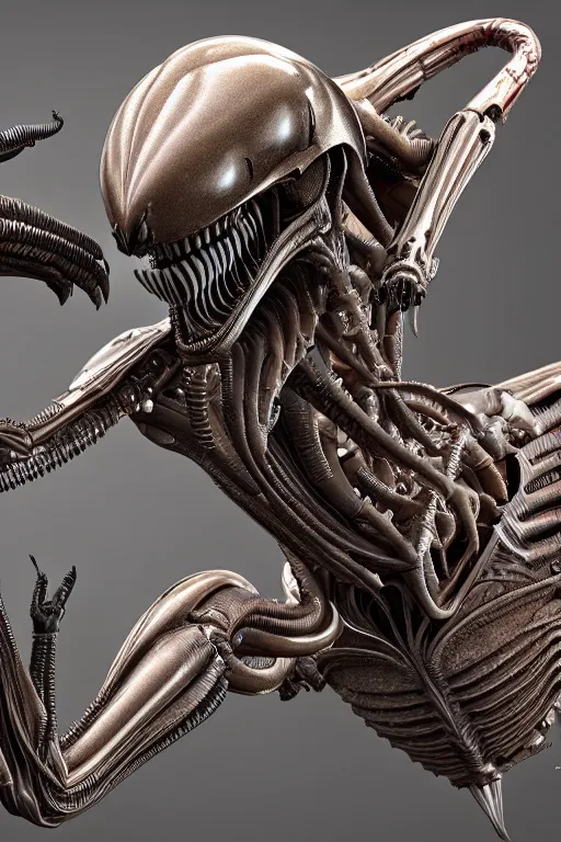 Prompt: detailed intricate biomechanical xenomorph artifact on display, cinematic render