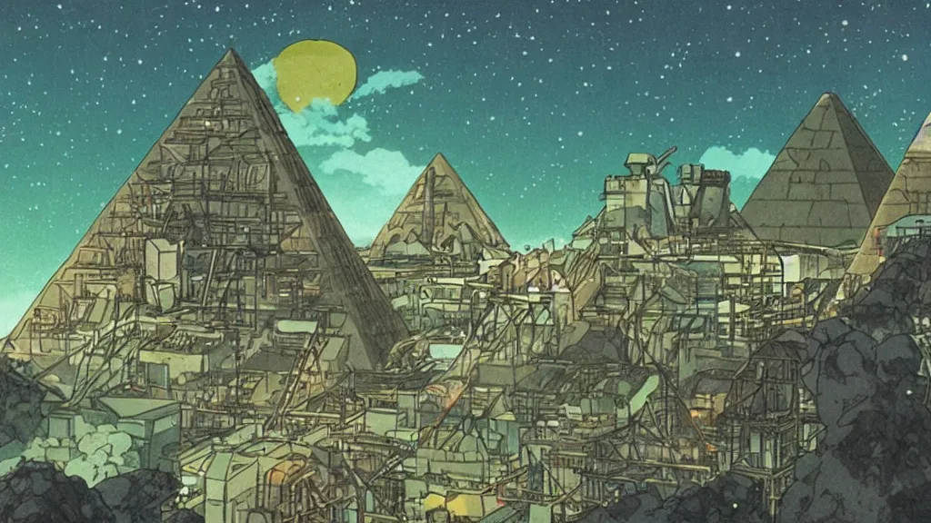 Image similar to a movie still from a studio ghibli film showing a huge industrial mining facility. a pyramid is under construction in the background, in the rainforest on a misty and starry night. by studio ghibli