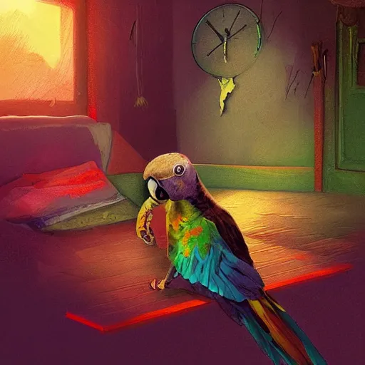 Prompt: the day the parrot died, digital art, illustration, storybook, artstation
