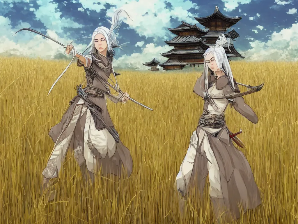 Image similar to an elven samurai women with white hair, standing in front of a field of wheat and a small house in the japanese countryside. anime artstyle from artstation trending.