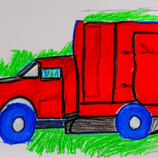 Image similar to a poorly drawn red truck with blue wheels, drawn using crayons, red and blue crayon, drawn on white paper