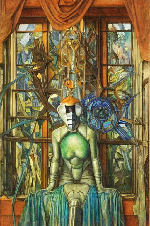 Image similar to the queen in her robot mask stands by the window, by Annie Swynnerton and Diego Rivera and Elihu Vedder, symbolist, dramatic lighting, night time, elaborate geometric ornament, Art Brut, soft blues and greens,smooth, sharp focus, extremely detailed, Adolf Wölfli and (Evelyn De Morgan)
