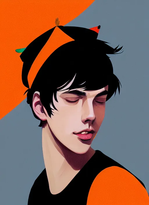 Image similar to portrait of teenage jughead jones wearing a light grey crown, crown, hamburger background, eyes closed, crown, black hair, orange, intricate, elegant, glowing lights, warm lighting, highly detailed, digital painting, artstation, concept art, smooth, sharp focus, illustration, art by wlop, mars ravelo and greg rutkowski