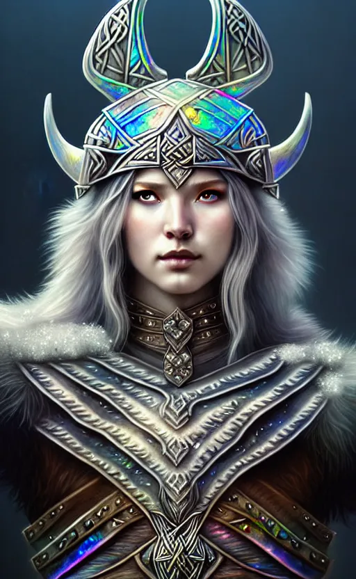 Image similar to iridescent opal viking warrior, wolf armor, winter, morandi color scheme, hd, illustration, epic, d & d, fantasy, intricate, elegant, highly detailed, wide angle, digital painting, artstation, concept art, smooth, sharp focus, illustration, wallpaper, art by artgerm and greg rutkowski and alphonse mucha and jin xiaodi