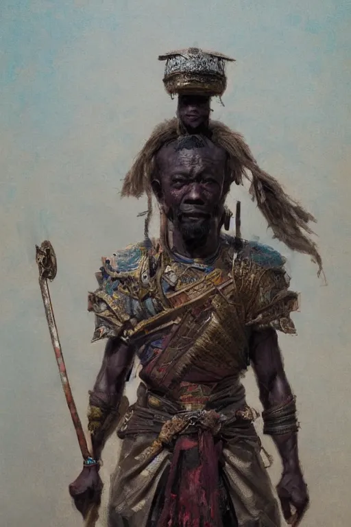 Prompt: a full body fantasty portrat, oil painting, illustration of an old African samurai, by Justin Sweet and Greg Rutkowski and Alphones Much