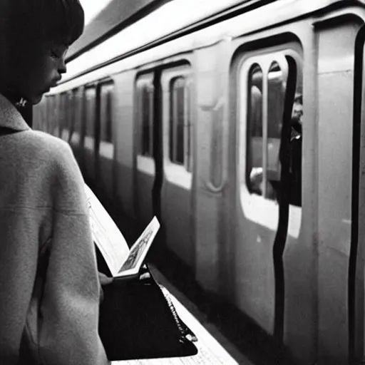 Image similar to “ girl reading a book in the new york city subway, photograph by henri cartier - bresson ”