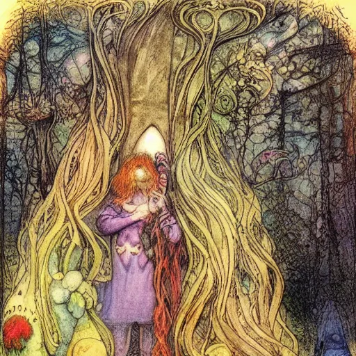 Prompt: through the looking glass, illustration by Brian Froud and John Bauer, psychadelic, thick linework
