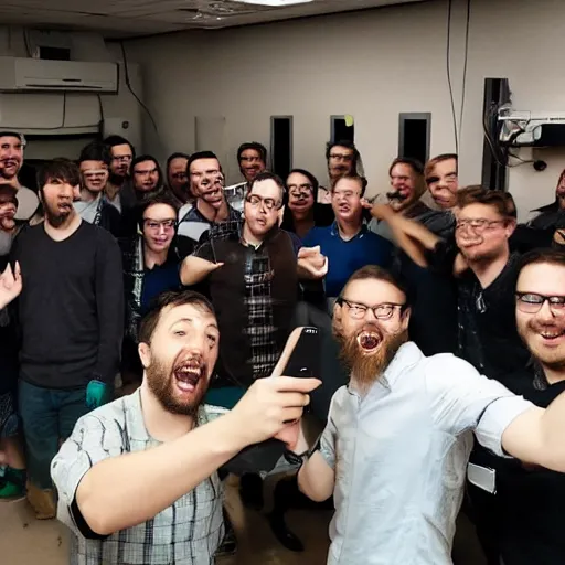 Prompt: selfie of a tight group of happy drunken hackers at a party in a highly detailed server room with computers everywhere and wires in a scif