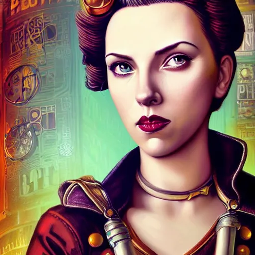 Image similar to Lofi Steampunk Bioshock portrait of Scarlett Johansson, Pixar style, by Tristan Eaton Stanley Artgerm and Tom Bagshaw.