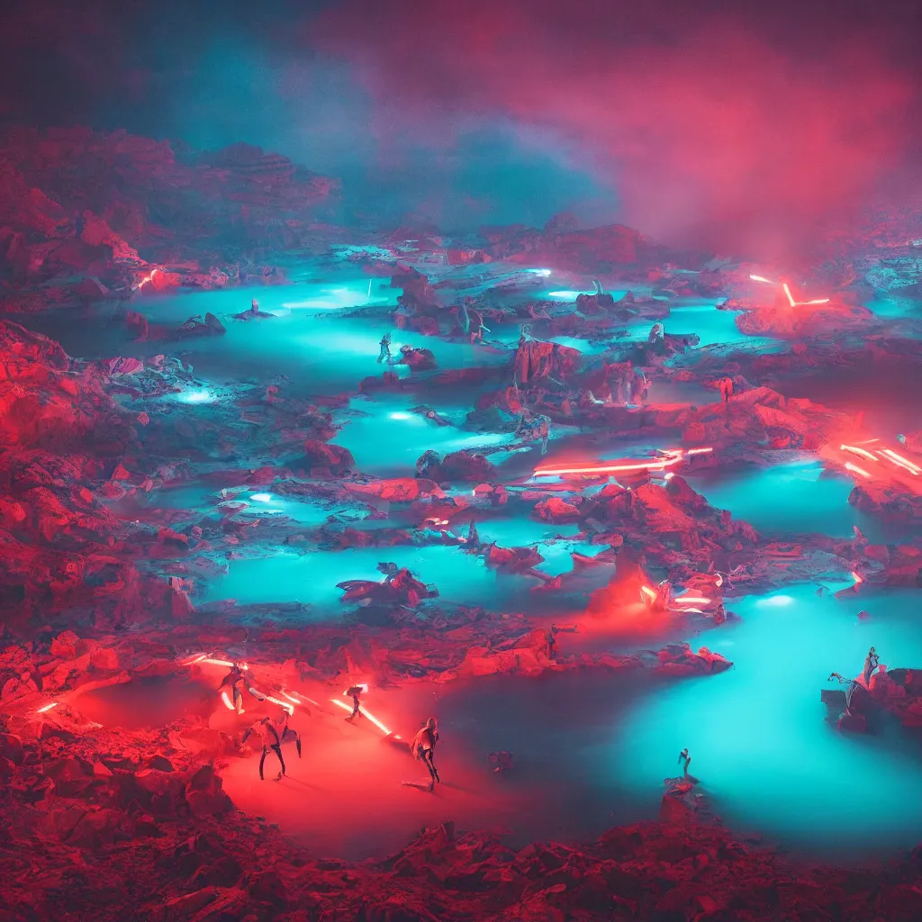 Image similar to rave in the red pond at night, light art, photo by reuben wu, jenni pasanen, epic composition, hd, octane, volumetric lighting, masterpiece,