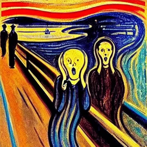 Image similar to painting of edvard munch's the scream with the two witnesses standing in the background, highly accurate, 8 k, highly ornate intricate details,