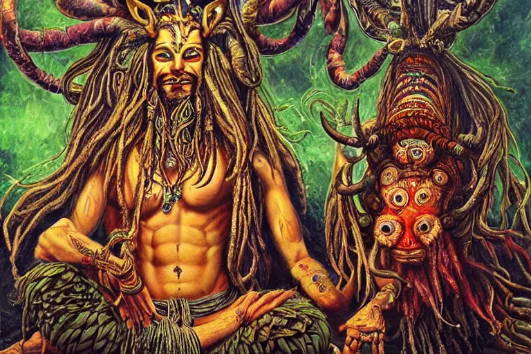 Image similar to a hyper-detailed painting with high details and textures of a psychedelic demon with dreadlocks horns and several eyes, he is in a meditation position and has an open third eye and mystical spiritual powers, the mix cernunnos + shiva