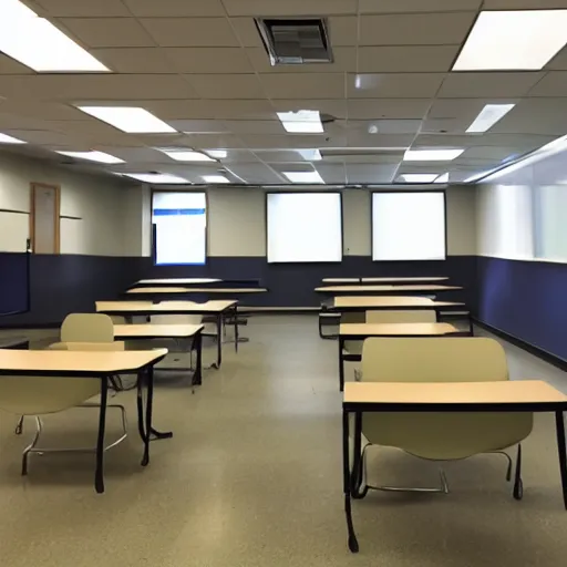 Prompt: an empty college classroom, liminal space