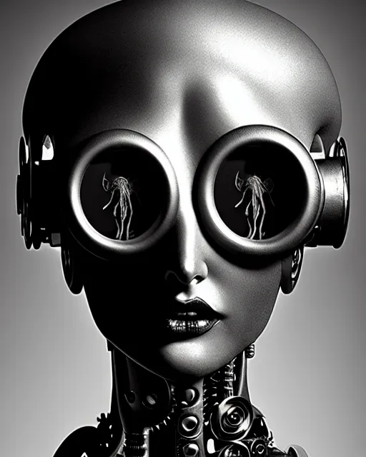 Image similar to black and white dreamy foggy smoky profile face portrait, one silver steampunk eye biomechanical beautiful young female cyclope - cyborg - robot bust, body ribs meshes,, volumetric light, hibiscus flowers, by hg giger, rim light, by dora maar and cecile beaton, big gothic fashion pearl embroidered collar, 8 k