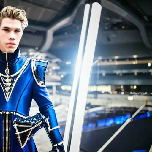 Image similar to low angle shot of austin Butler dressed in dark-blue-futuristic-baroque duelist-garb and carbon-armor, standing in an arena, XF IQ4, f/1.4, ISO 200, 1/160s, 8K, RAW, unedited, symmetrical balance, face in-frame