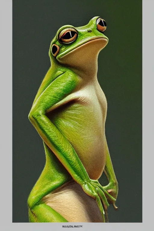 Image similar to photorealistic portrait photograph of pepe!! the frog, upper body, handsome, depth of field, soft focus, highly detailed, intricate, realistic, national geographic cover, soft glow, textured, artstation, concept art, sharp focus, illustration, art by artgerm and greg rutkowski and alphonse mucha