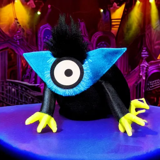 Image similar to a marketable plush muppet of a goth mantaray, in the style of muppets, lighting and character design from spongebob the musical on broadway, real, photograph, cinematic