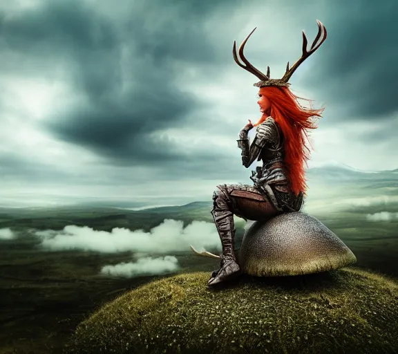 Image similar to a photo of an armored woman warrior redhead with antlers sitting on a giant mushroom that covers a whole village and reaches above the clouds by luis royo. intricate. lifelike. soft light. sony a 7 r iv 5 5 mm. cinematic post - processing