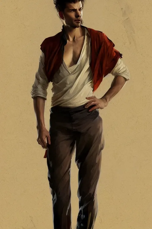 Image similar to full body portrait of a single beautiful young fit man, modern haircut, open shirt, large pants, bare feet, by greg rutkowski and alphonse mucha, d & d character, modern interior room background, highly detailed portrait, digital painting, artstation, concept art, smooth, sharp focus ilustration, artstation hq