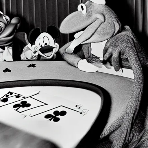 Image similar to kermit playing poker with mickey mouse in las vegas