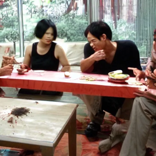 Image similar to asian people smoking crack being on dexter's table