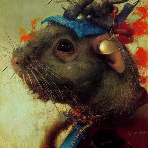 Prompt: head and shoulders portrait of surreal rat putin, vibrant color, high detail, masterpiece by hieronymus bosch, craig mullins, ruan jia, peter mohrbacher, norman rockwell, caravaggio