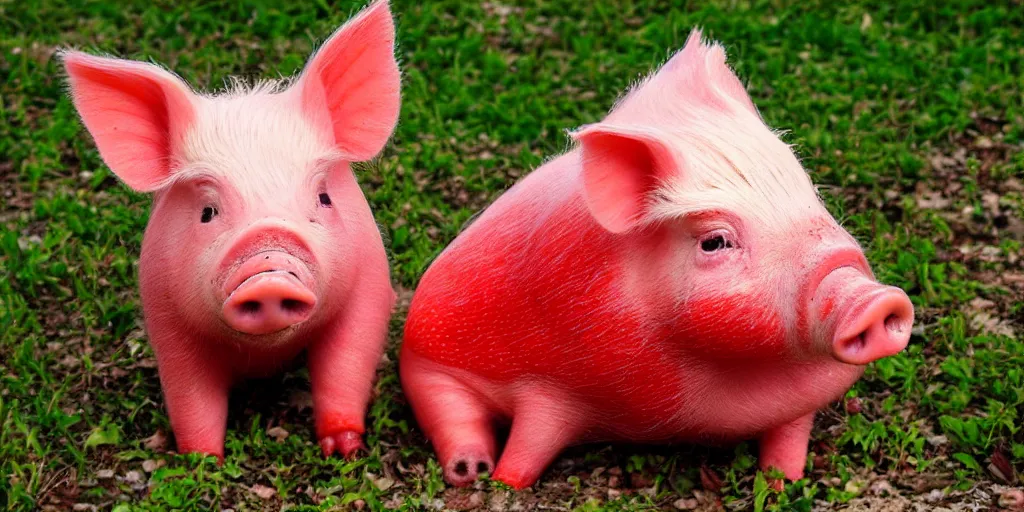 Prompt: a cute strawberry pig body animal looking at the camera; red strawberry seed skin