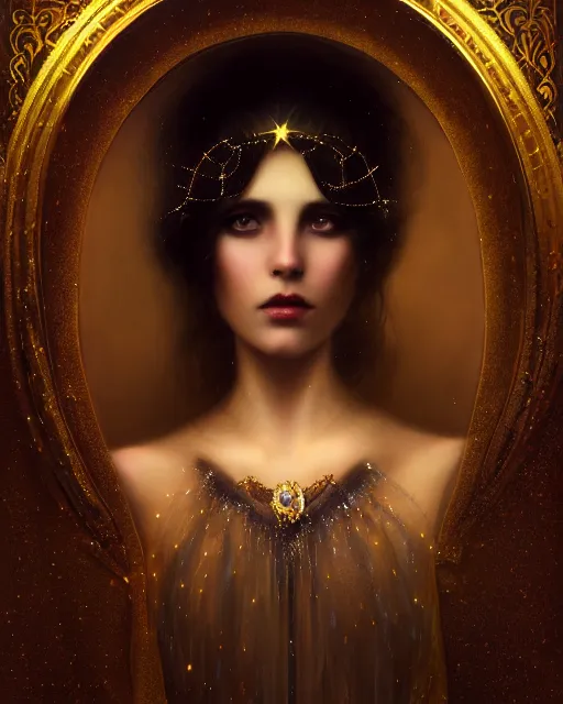 Image similar to Nocturne, glowing, stars, a portrait of a beautiful female shadow djinn with jeweled collar, long hair, glowing eyes, highly detailed, mysterious, ethereal, dressed in velvet and gold jewelry, haute couture, illustration, dramatic lighting, painting, by Edmund Blair Leighton, Brom, Charlie Bowater, trending on artstation, faces by Tom Bagshaw, otto schmidt